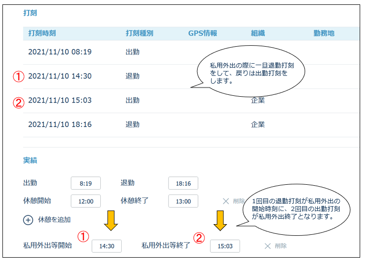 出退勤打刻にて私用外出を把握したい場合