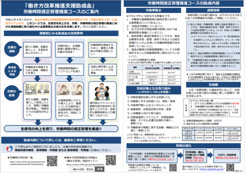 働き方改革推進支援助成金（労働時間適正管理推進コース）リーフレット