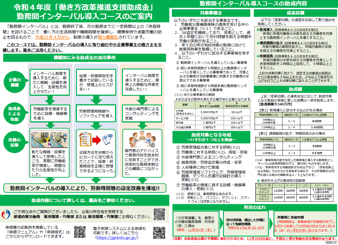 働き方改革推進支援助成金（勤務間インターバル導入コース）リーフレット