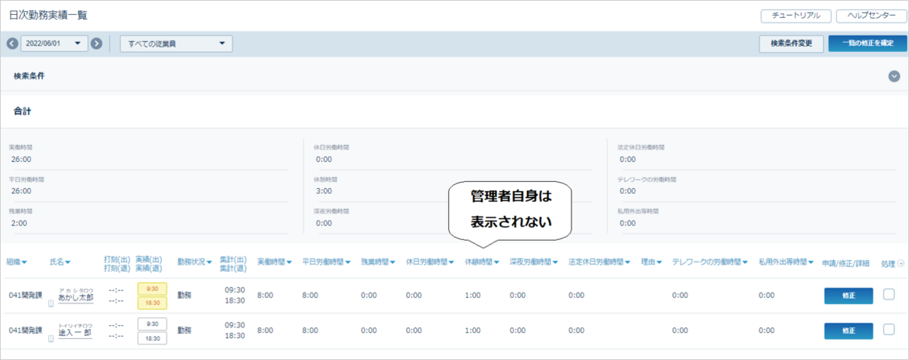 日次勤務実績一覧－管理者自身非表示