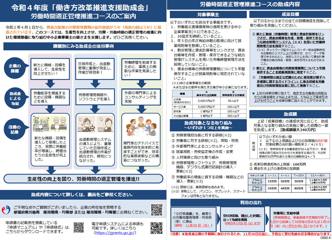 働き方改革推進支援助成金（労働時間適正管理推進コース）リーフレット