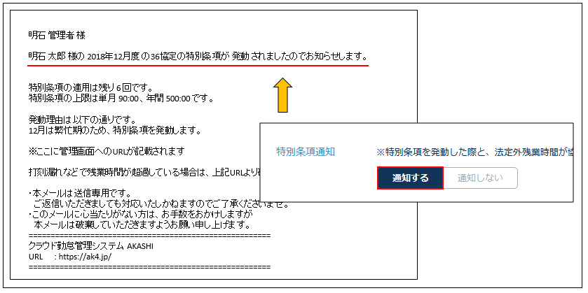 36協定アラートメール特別条項発動メール例