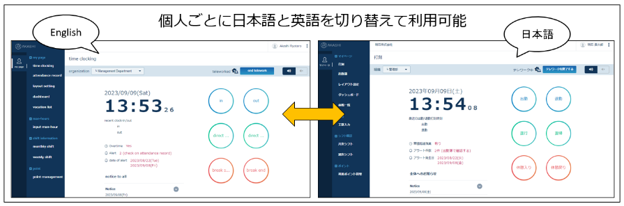 英語・日本語表示画面